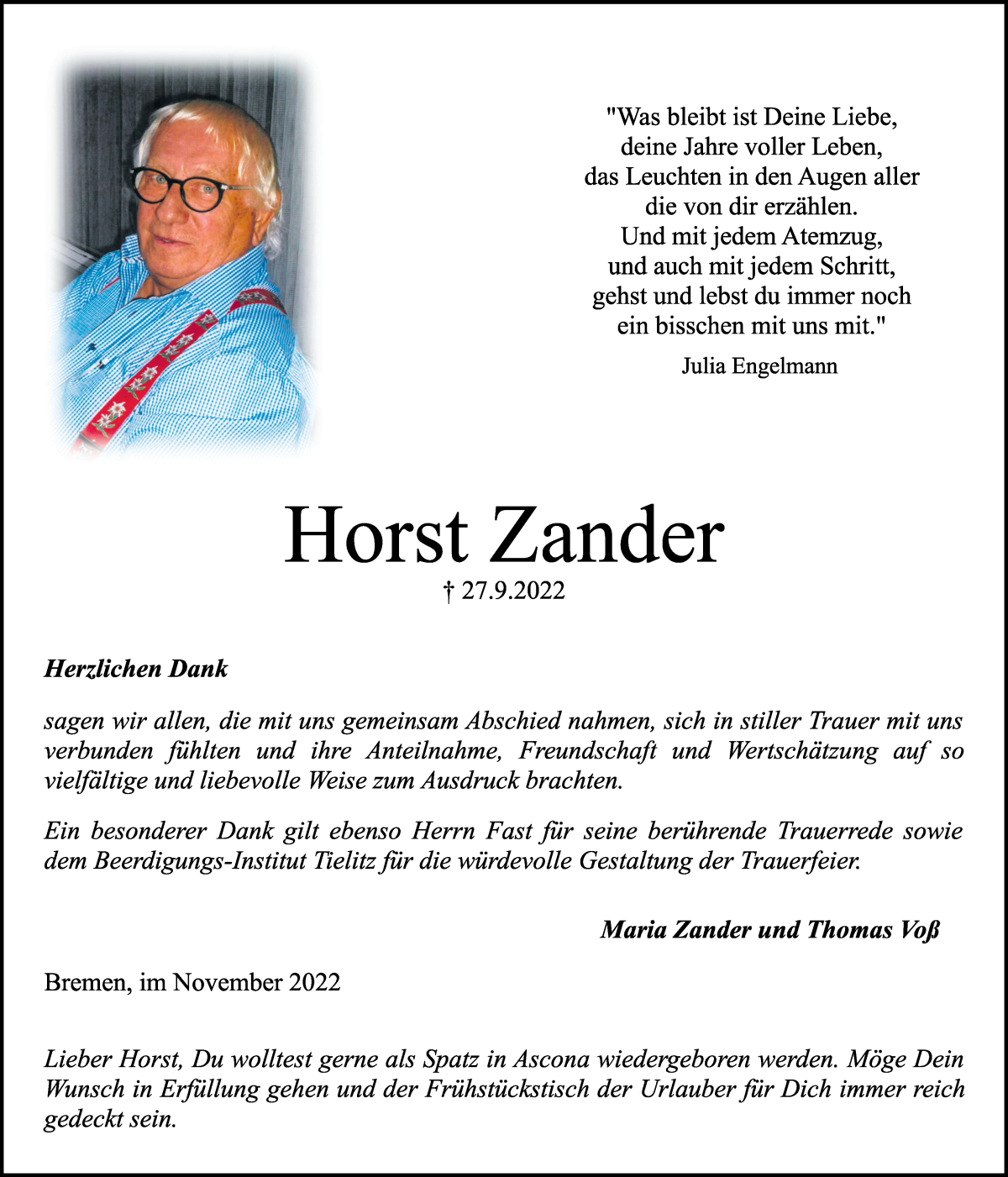 Traueranzeige von Horst Zander von WESER-KURIER