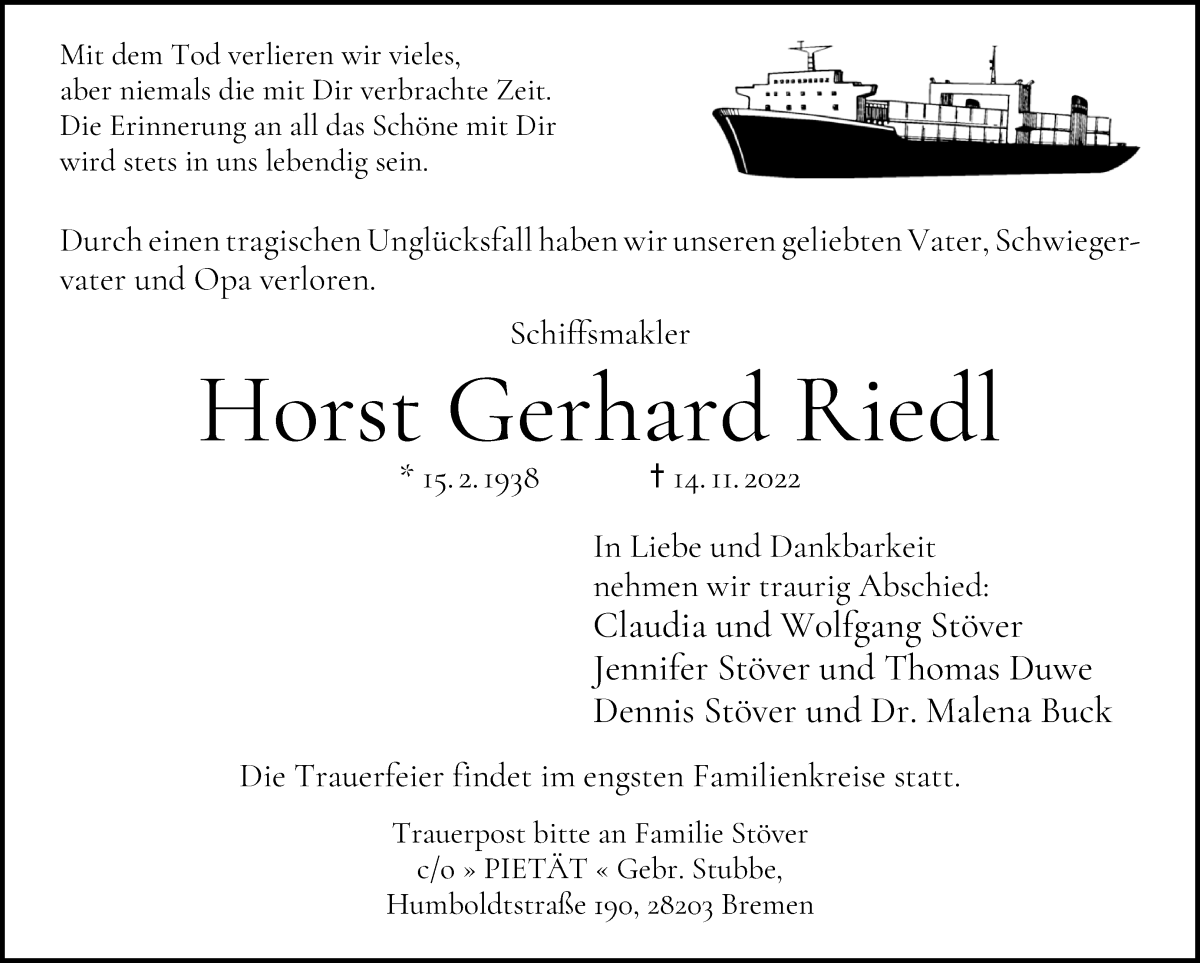Traueranzeige von Horst Gerhard Riedl von WESER-KURIER