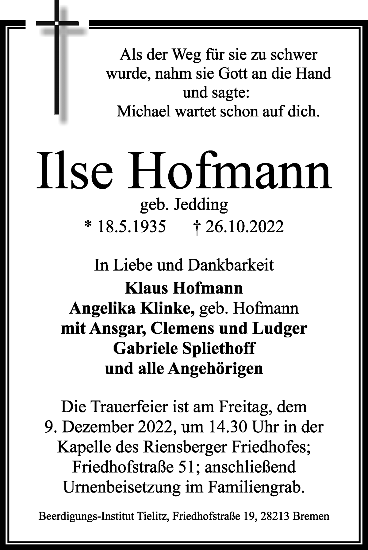 Traueranzeige von Ilse Hofmann von WESER-KURIER