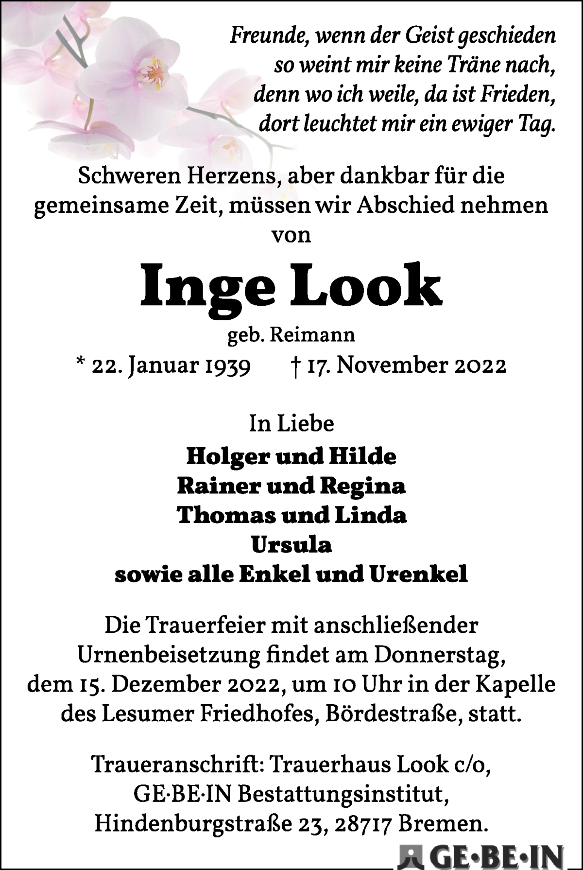 Traueranzeige von Inge Look von WESER-KURIER