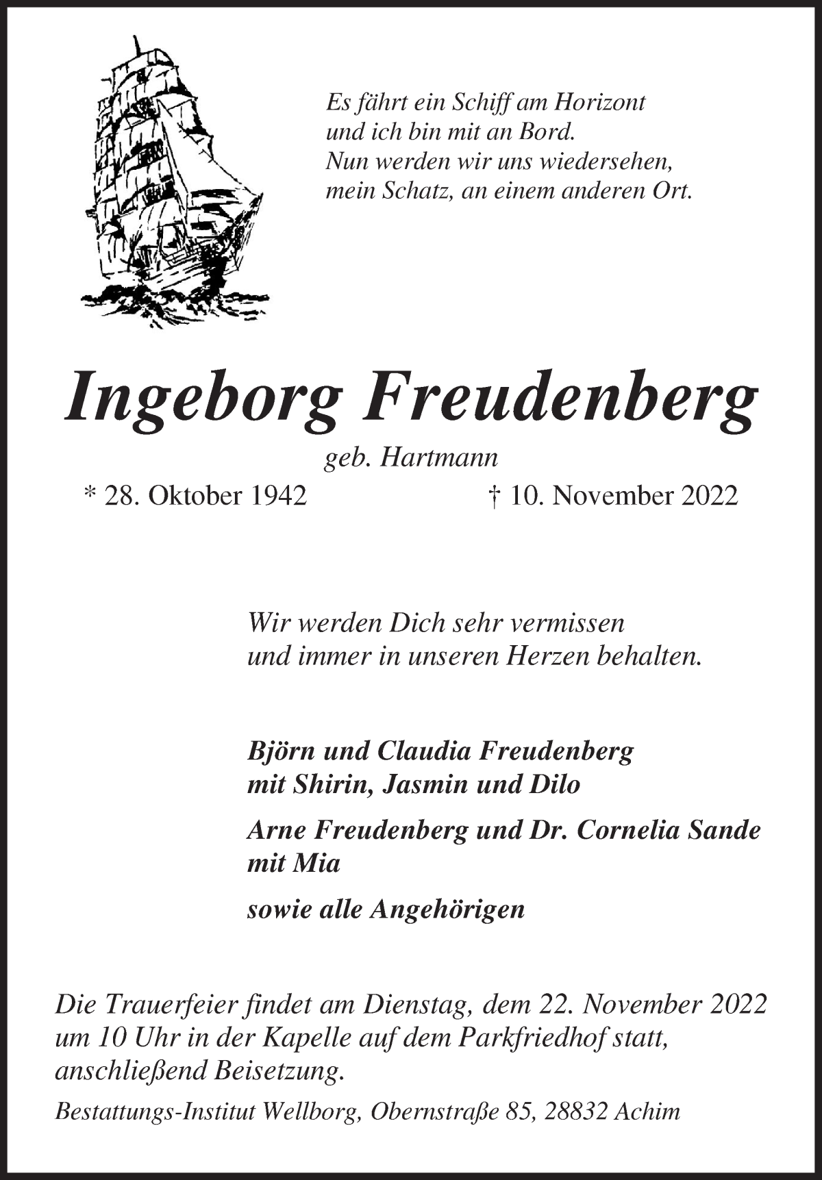 Traueranzeige von Ingeborg Freudenberg von Achimer Kurier/Verdener Nachrichten