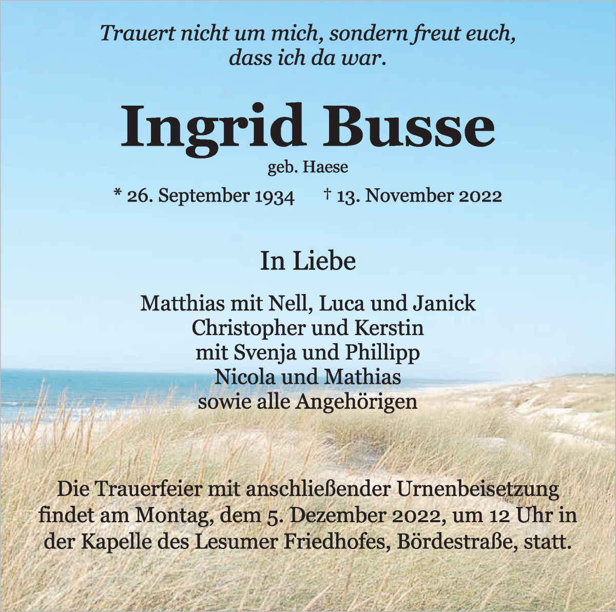 Traueranzeige von Ingrid Busse von WESER-KURIER