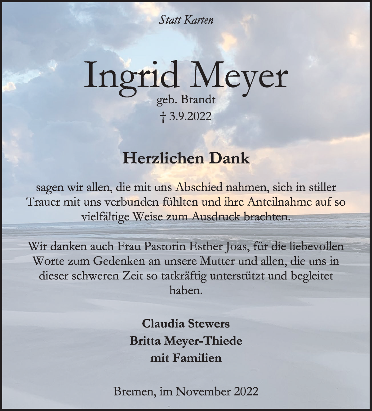Traueranzeige von Ingrid Meyer von WESER-KURIER