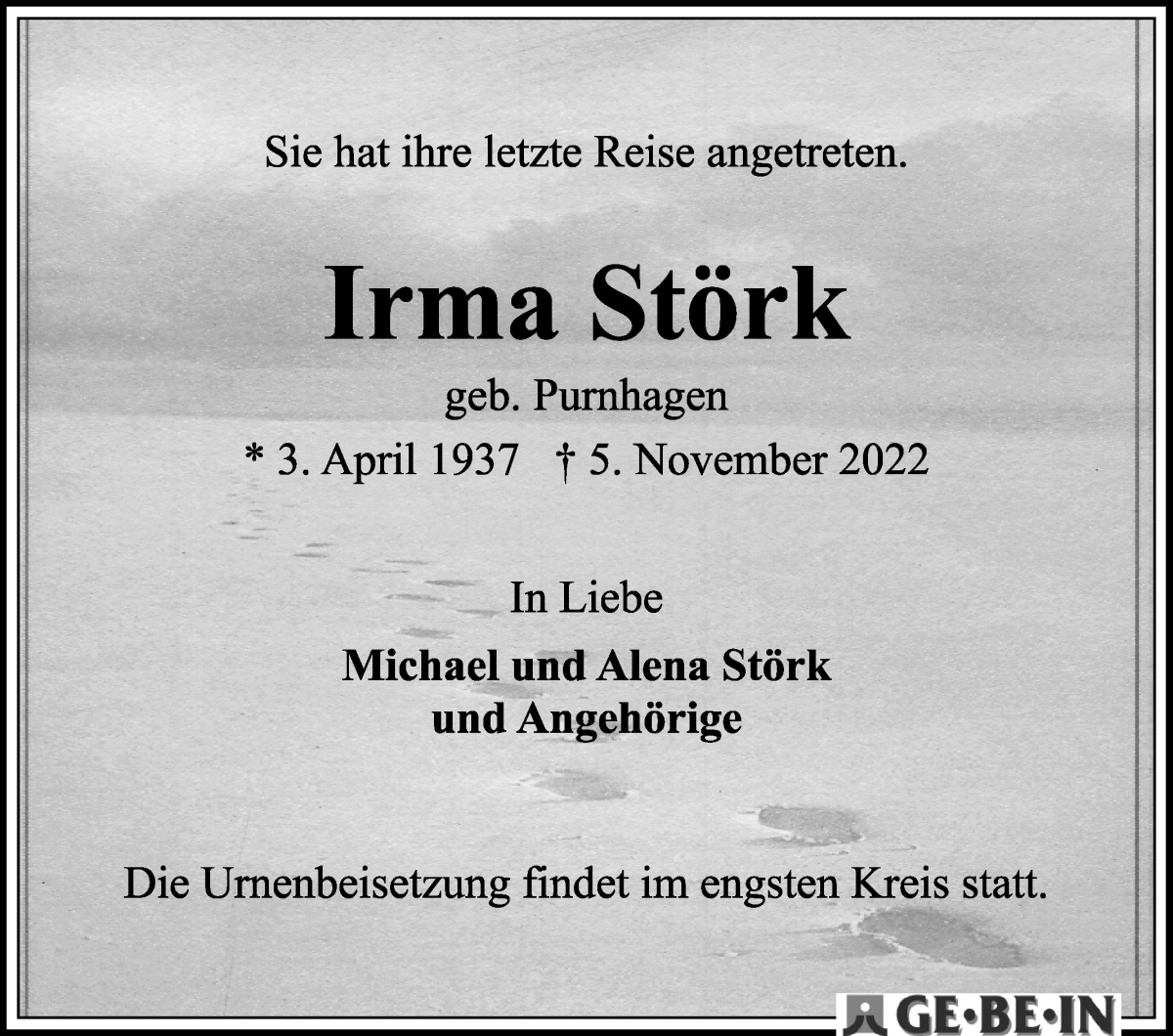 Traueranzeige von Irma Störk von WESER-KURIER