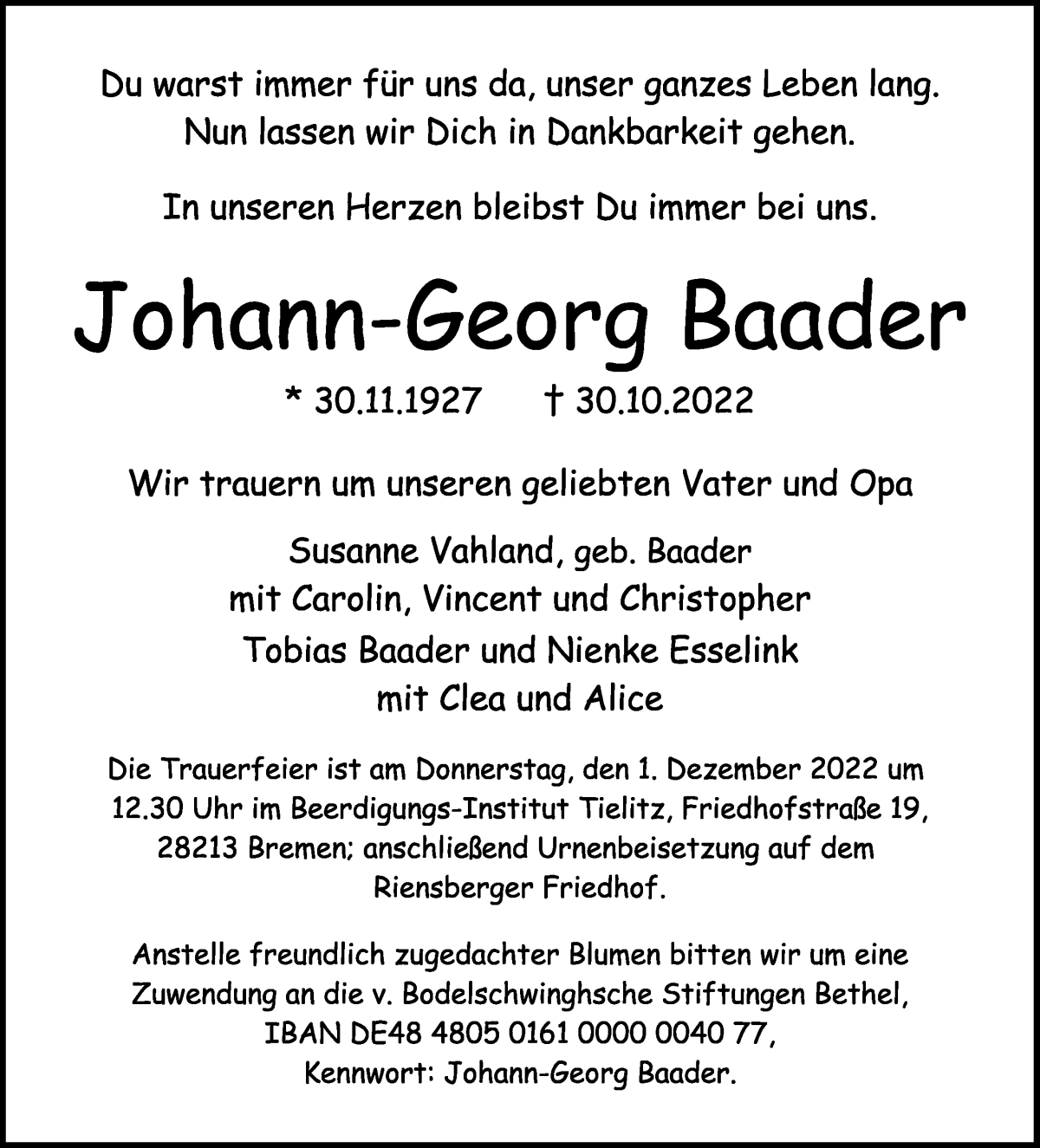 Traueranzeige von Johann-Georg Baader von WESER-KURIER