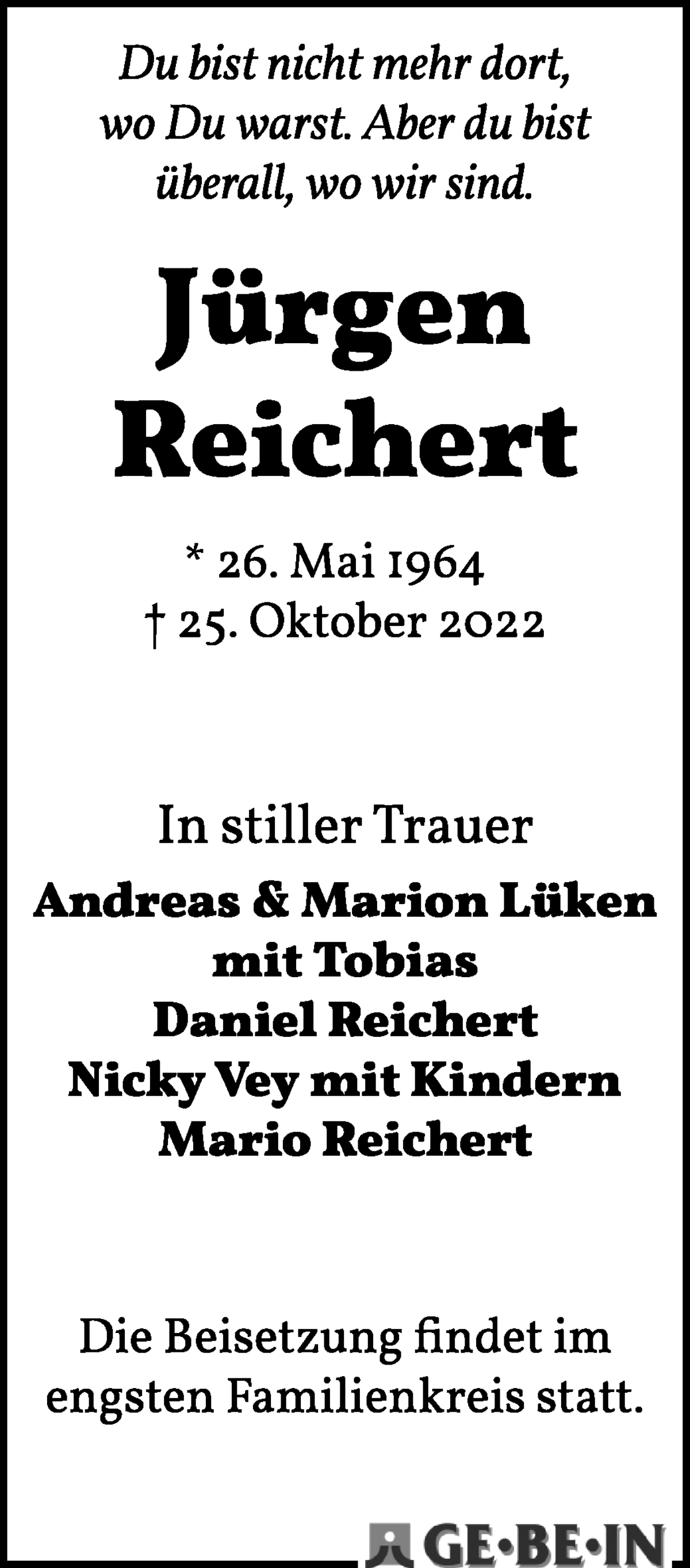 Traueranzeige von Jürgen Reichert von Die Norddeutsche