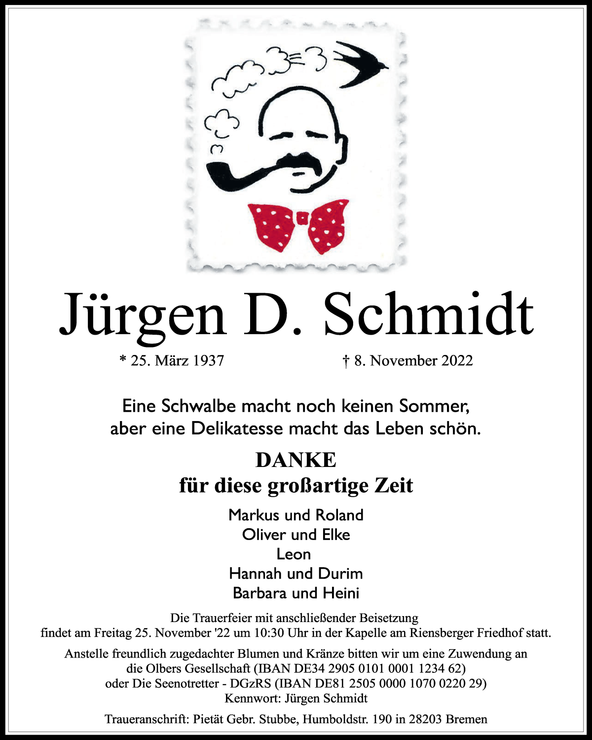 Traueranzeige von Jürgen D. Schmidt von WESER-KURIER