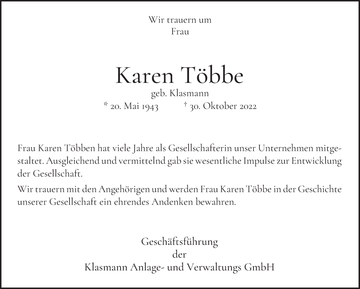 Traueranzeige von Karen Etty Erna Többe von WESER-KURIER