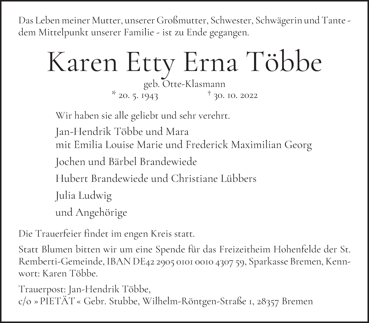 Traueranzeige von Karen Etty Erna Többe von WESER-KURIER