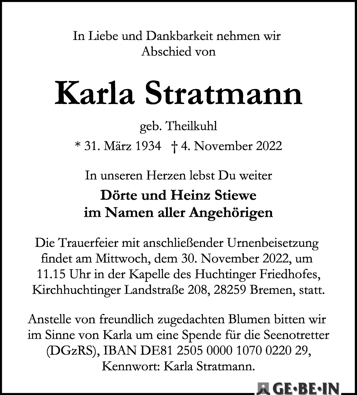Traueranzeige von Karla Stratmann von WESER-KURIER