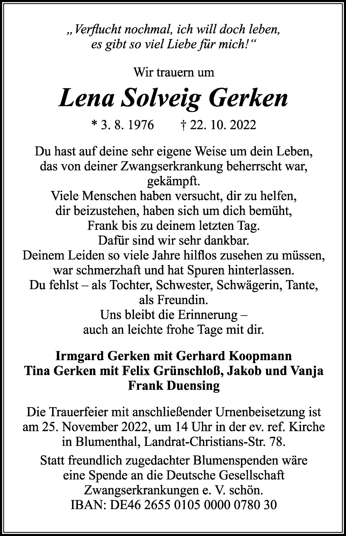 Traueranzeige von Lena Solveig Gerken von Die Norddeutsche