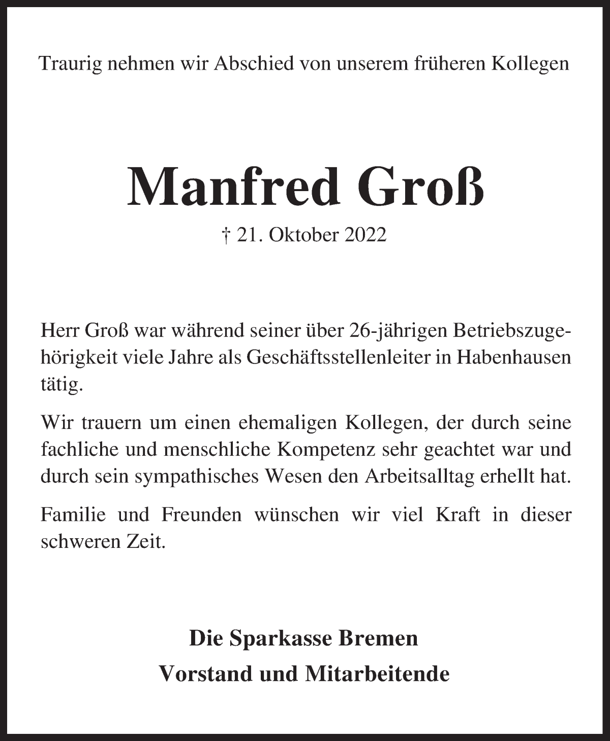 Traueranzeige von Manfred Groß von WESER-KURIER