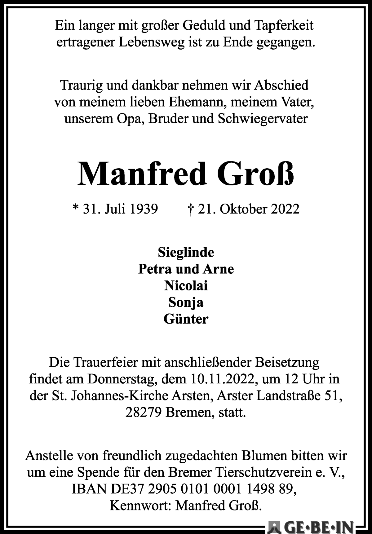 Traueranzeige von Manfred Groß von WESER-KURIER