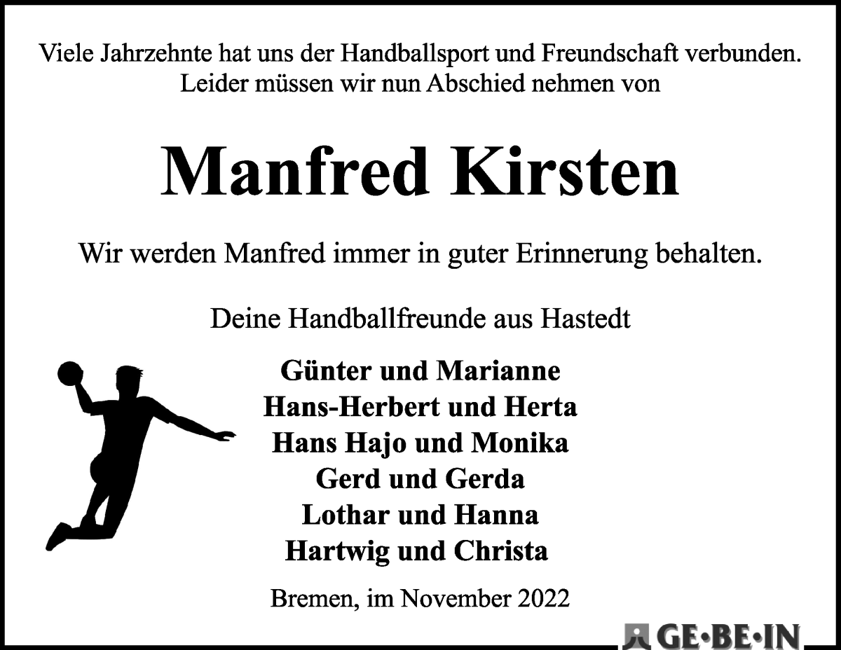 Traueranzeige von Manfred Kirsten von WESER-KURIER