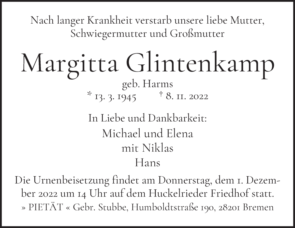Traueranzeige von Margitta Glintenkamp von WESER-KURIER
