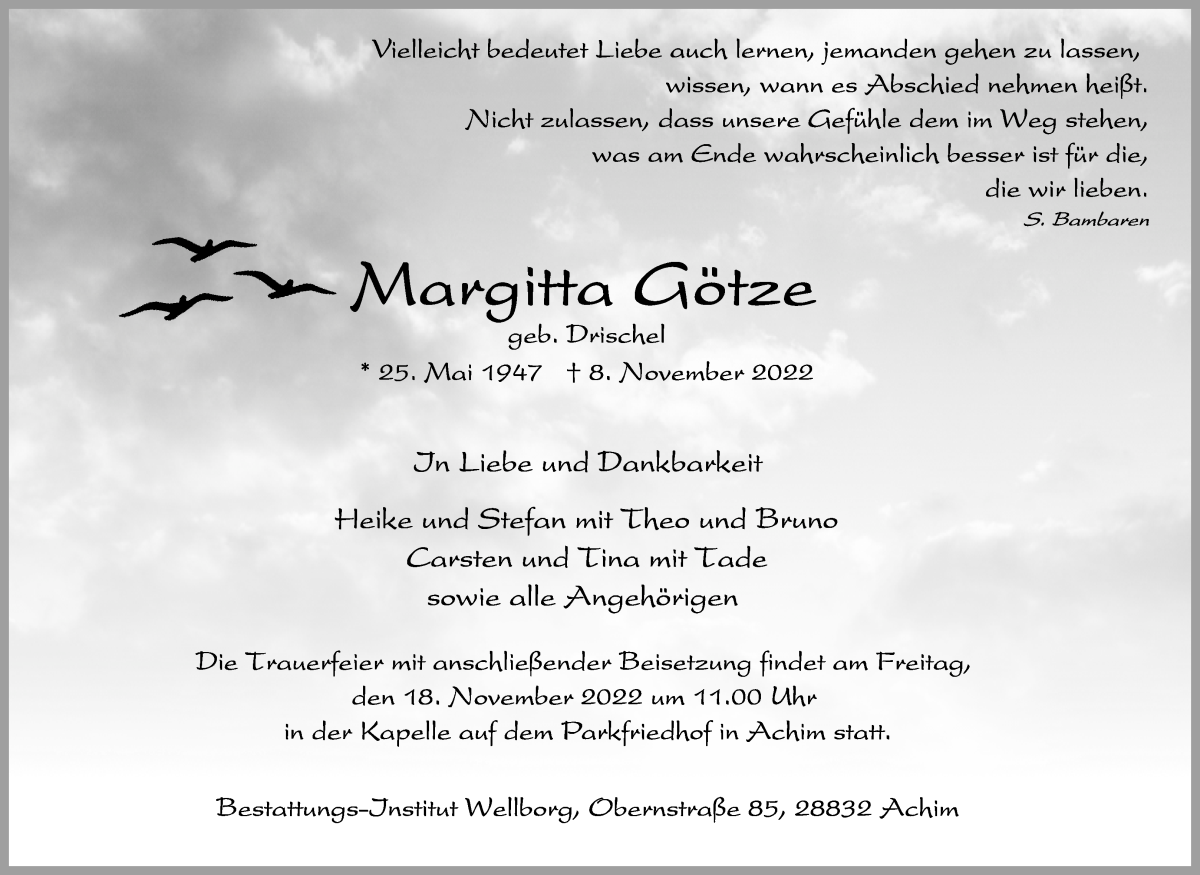Traueranzeige von Margitta Götze von WESER-KURIER