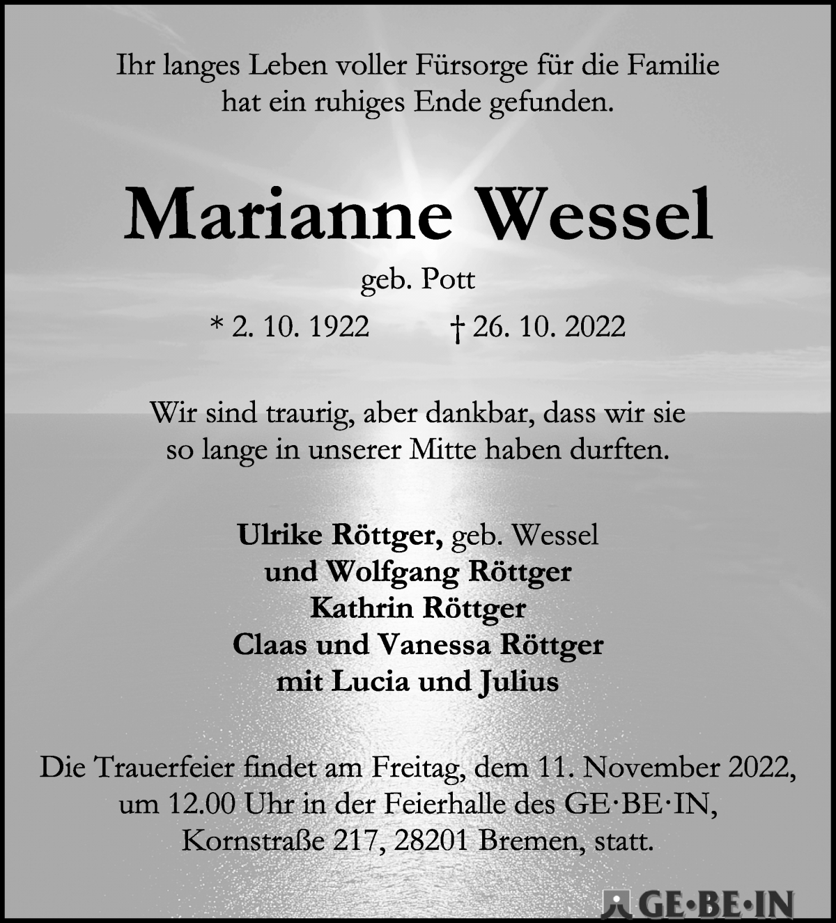 Traueranzeige von Marianne Wessel von WESER-KURIER