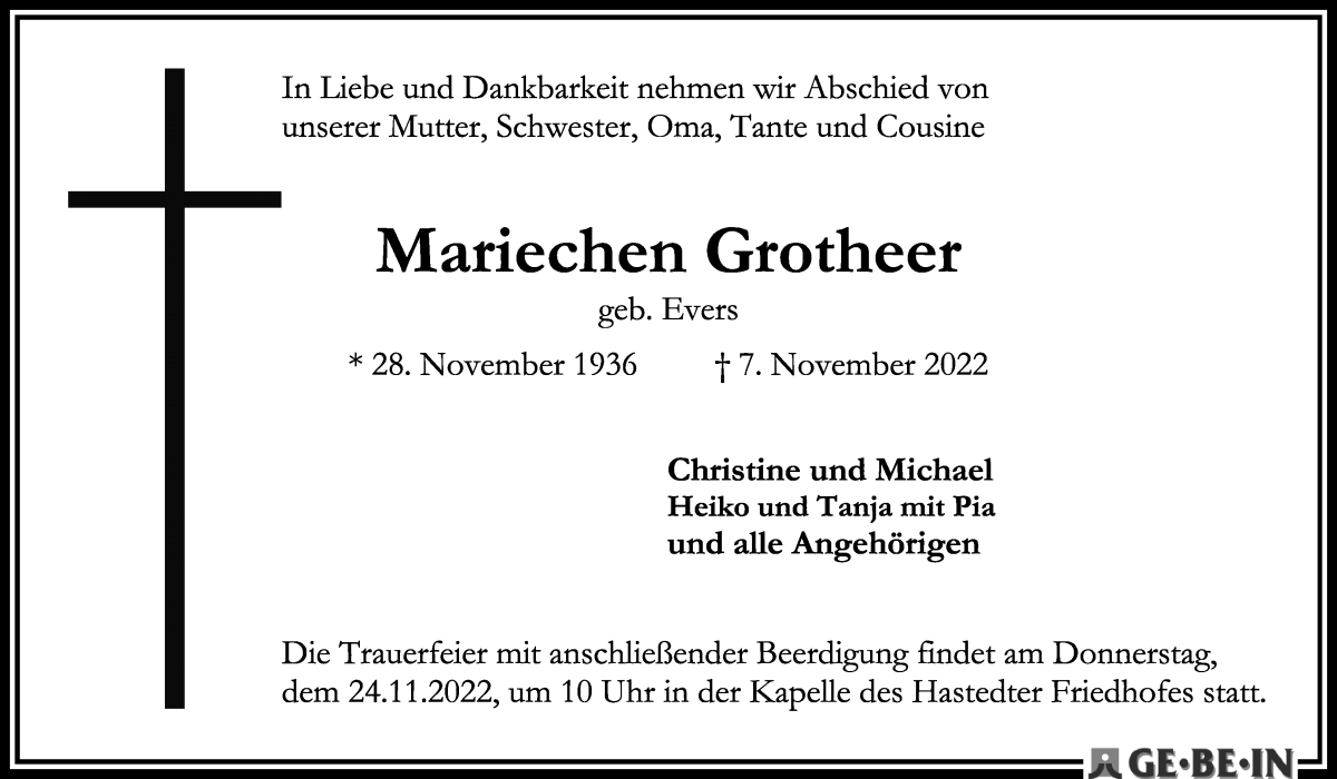 Traueranzeige von Mariechen Grotheer von WESER-KURIER