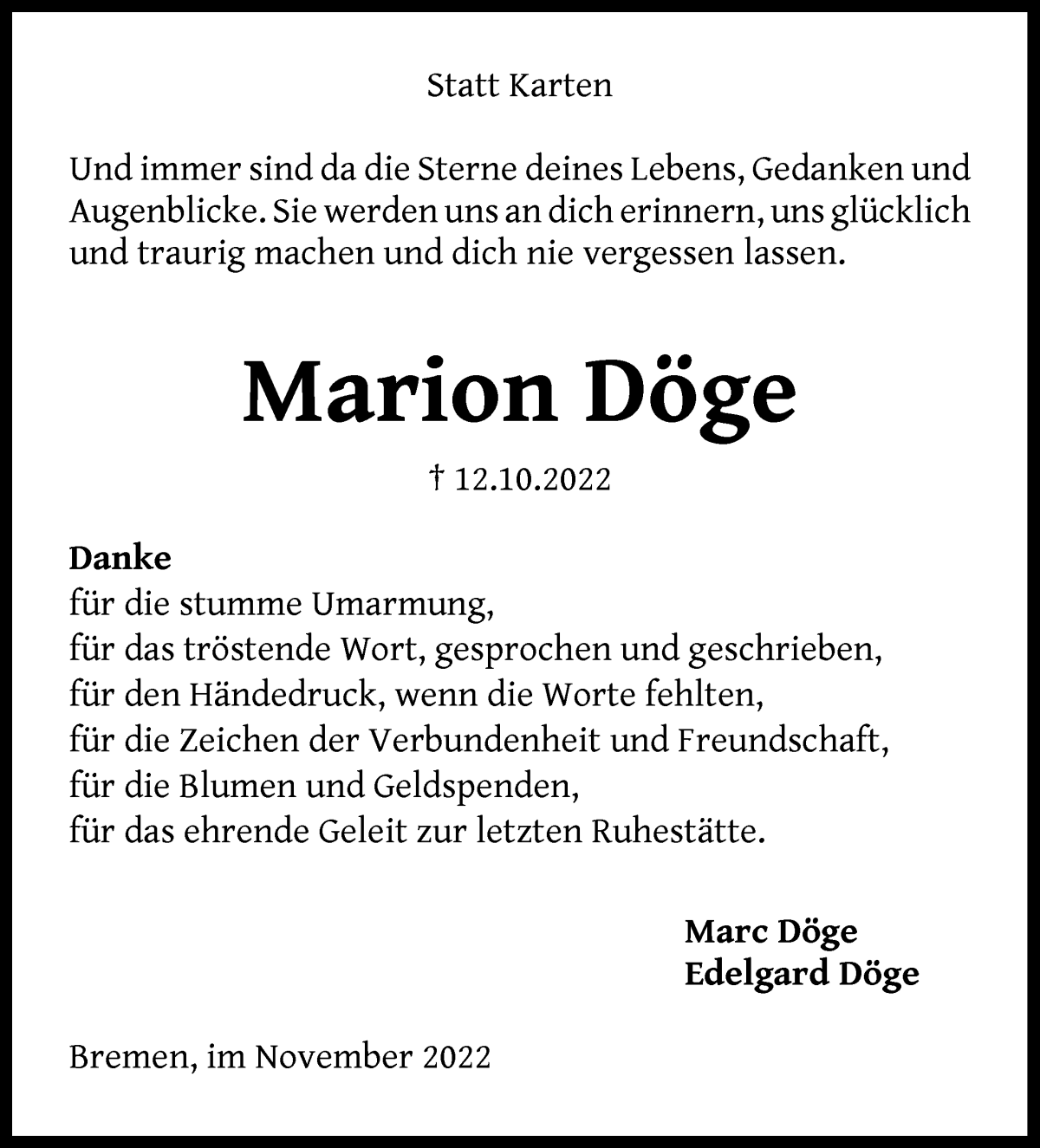 Traueranzeige von Marion Döge von Die Norddeutsche