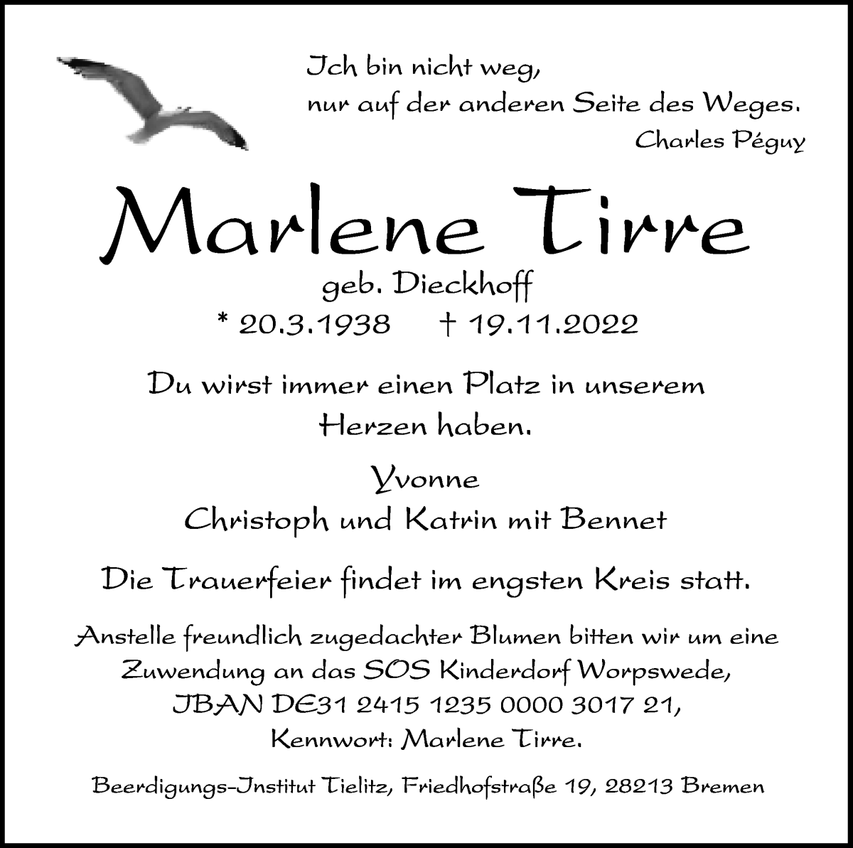 Traueranzeige von Marlene Tirre von WESER-KURIER