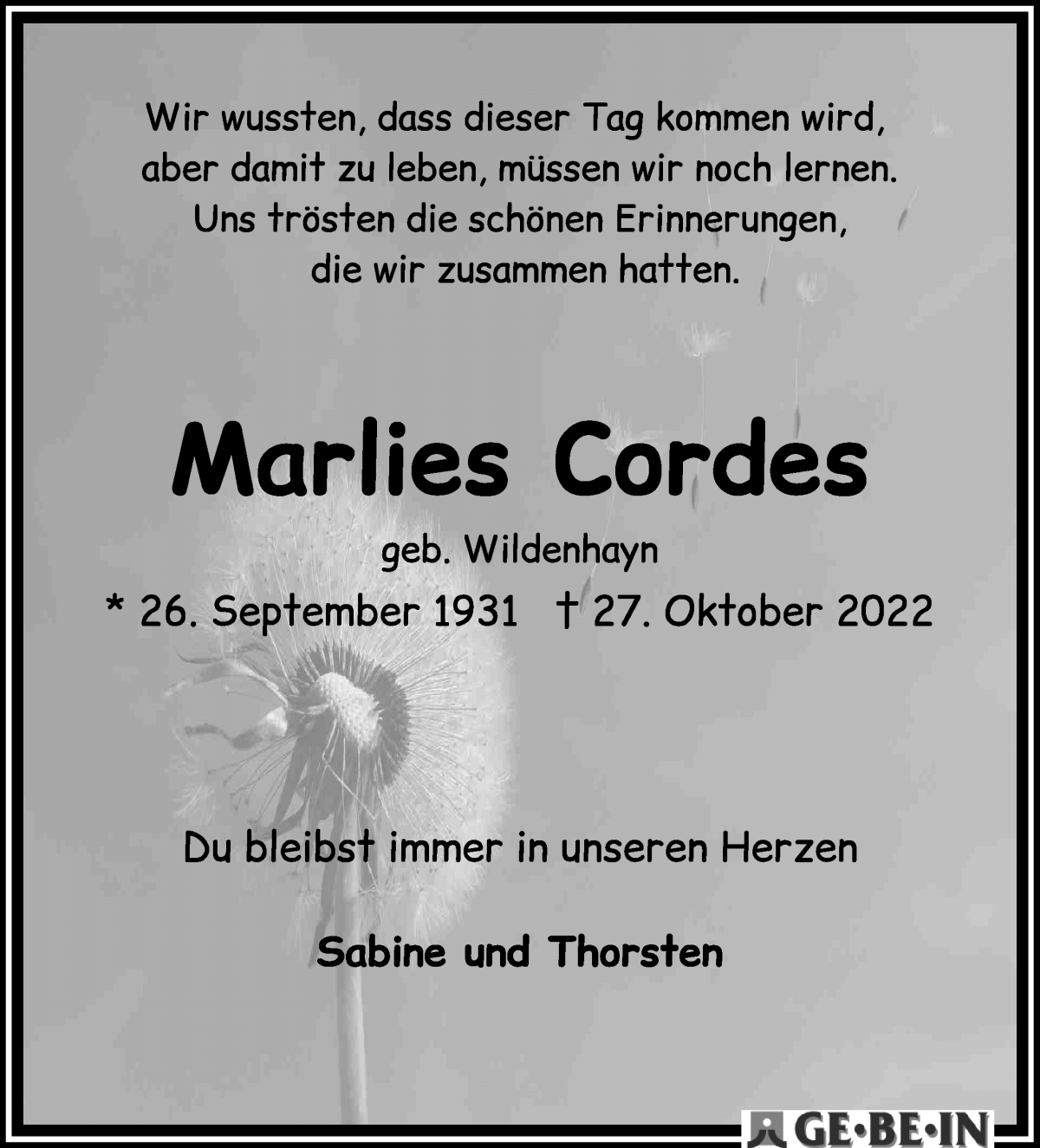 Traueranzeige von Marlies Cordes von WESER-KURIER