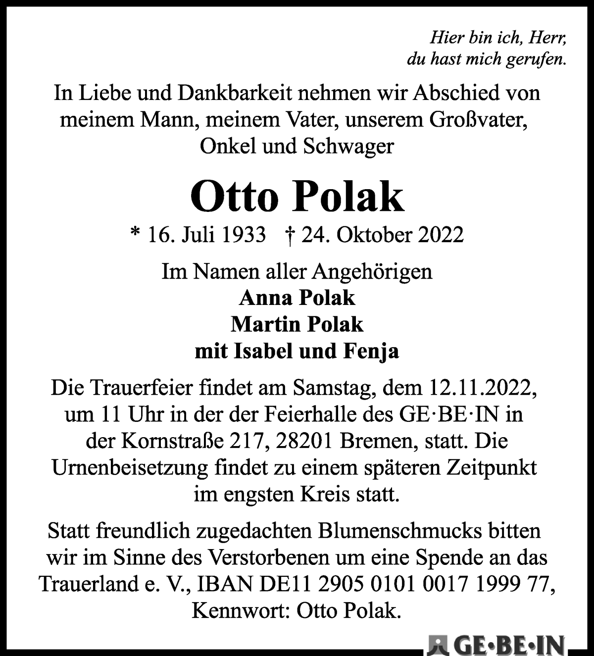 Traueranzeige von Otto Polak von WESER-KURIER