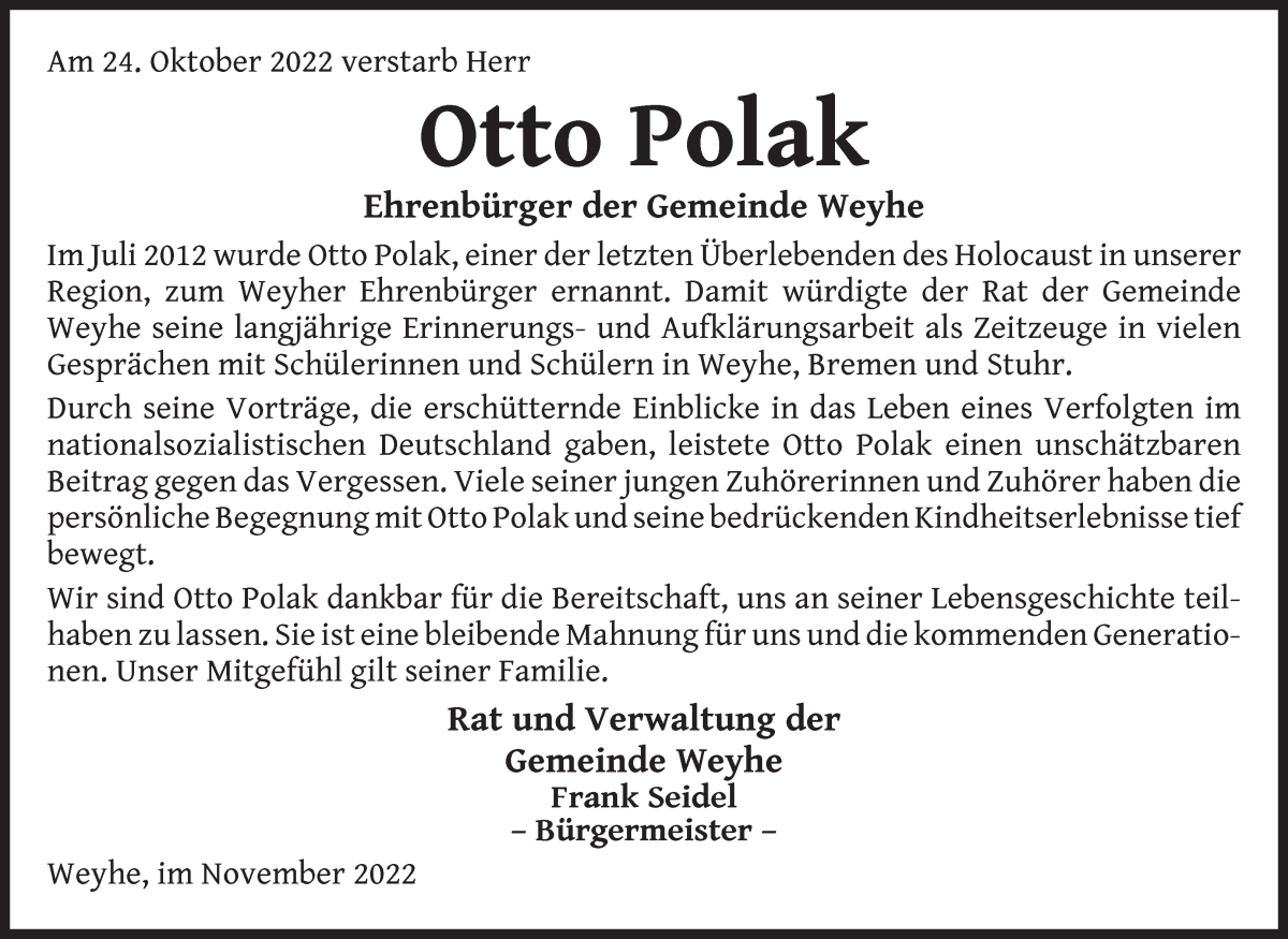 Traueranzeige von Otto Polak von Regionale Rundschau/Syker Kurier