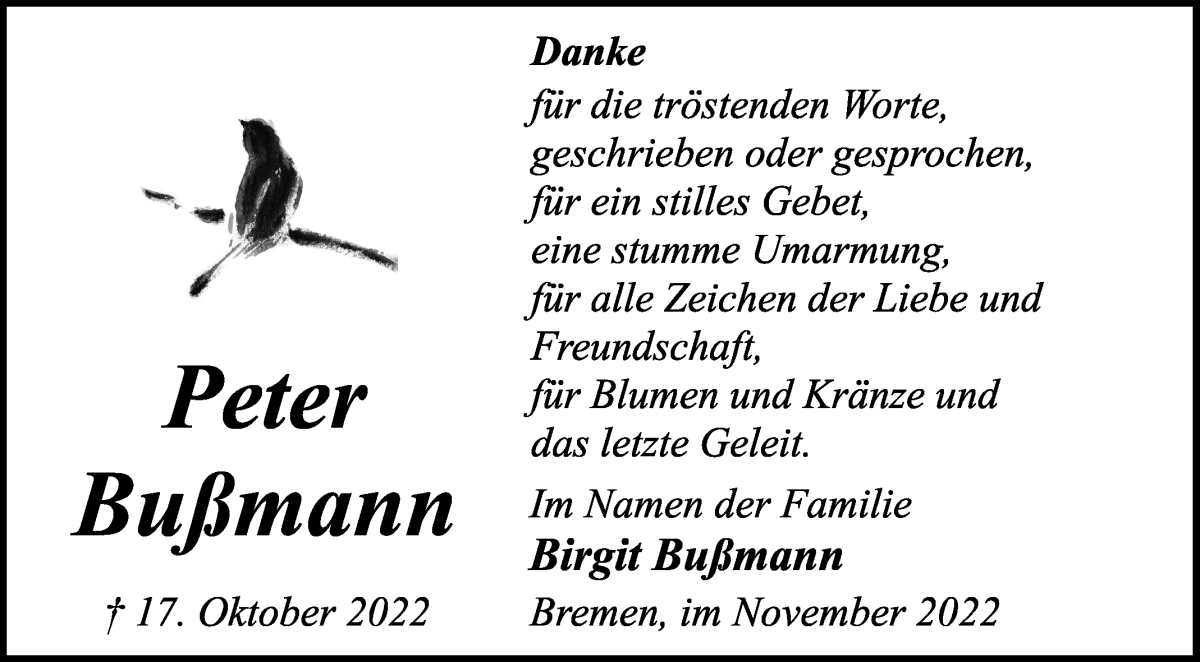 Traueranzeige von Peter Bußmann von WESER-KURIER