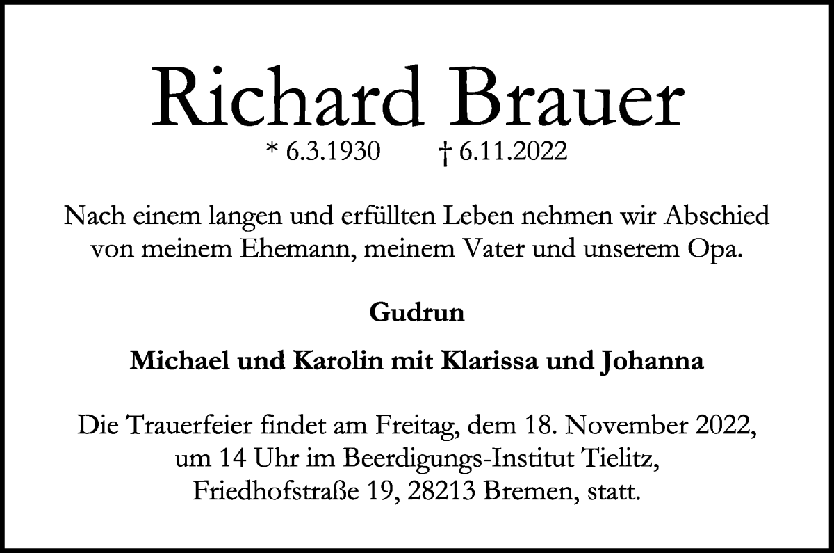 Traueranzeige von Richard Brauer von WESER-KURIER