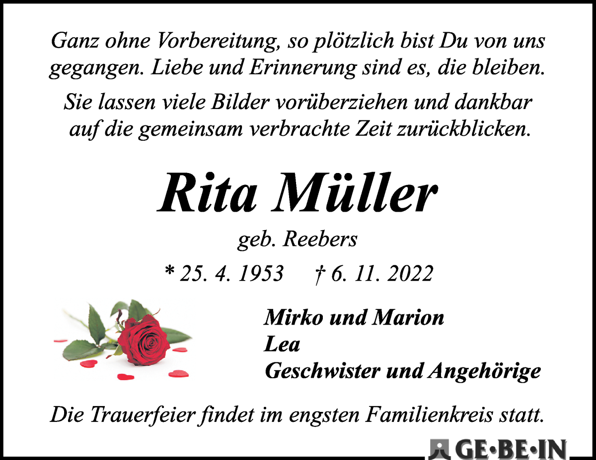 Traueranzeige von Rita Müller von WESER-KURIER
