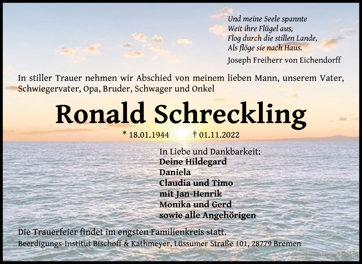 Traueranzeige von Ronald Schreckling von Die Norddeutsche