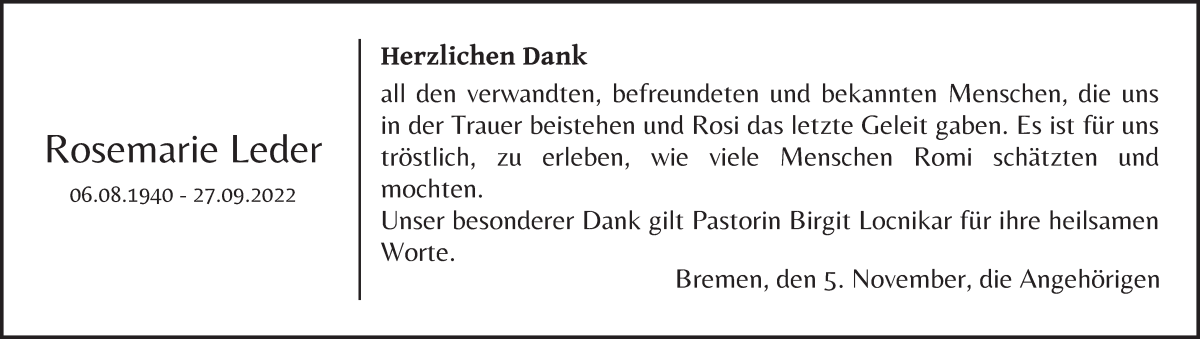 Traueranzeige von Rosemarie Leder von Die Norddeutsche