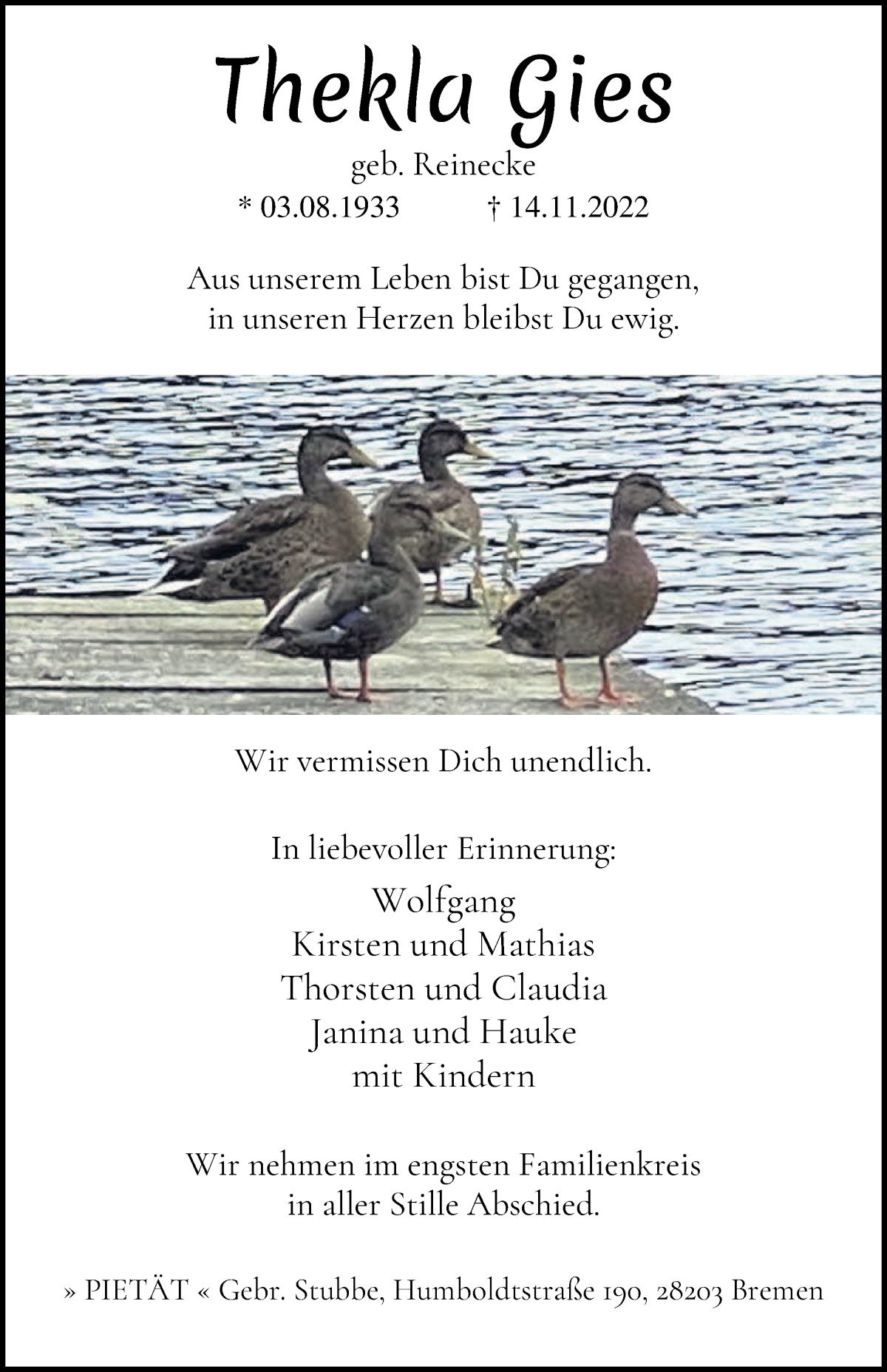 Traueranzeige von Thekla Gies von WESER-KURIER
