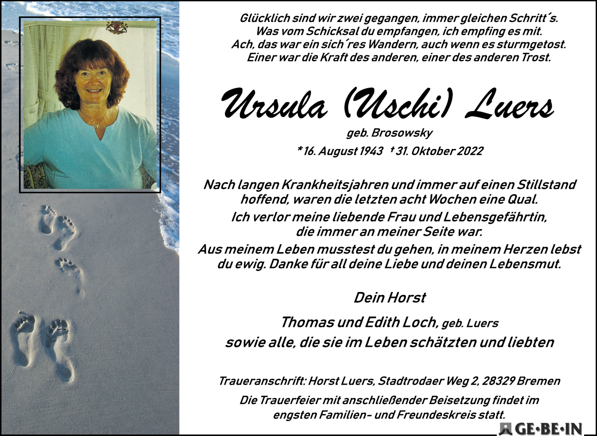 Traueranzeige von Ursula Luers von WESER-KURIER
