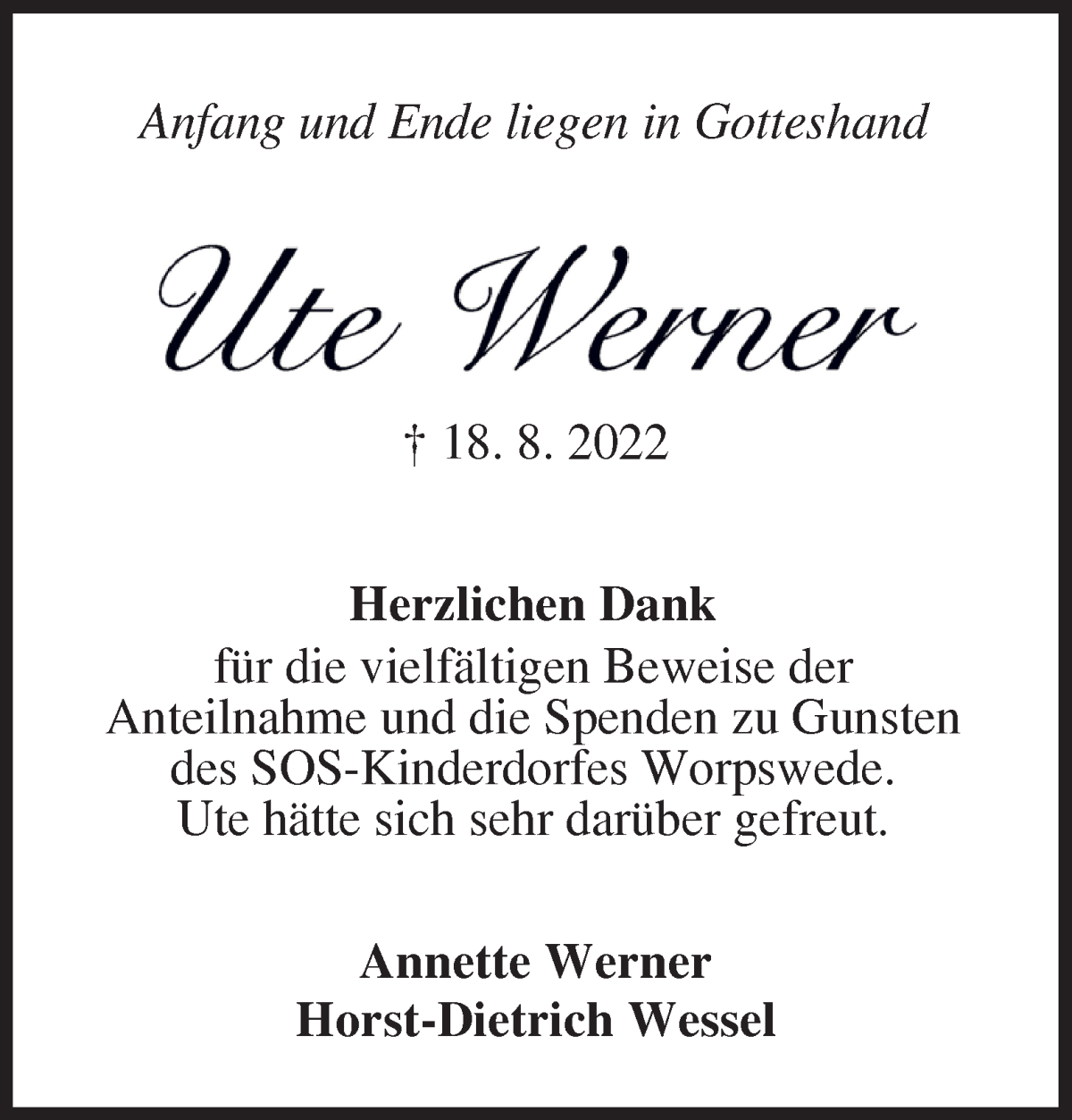 Traueranzeige von Ute Werner von WESER-KURIER