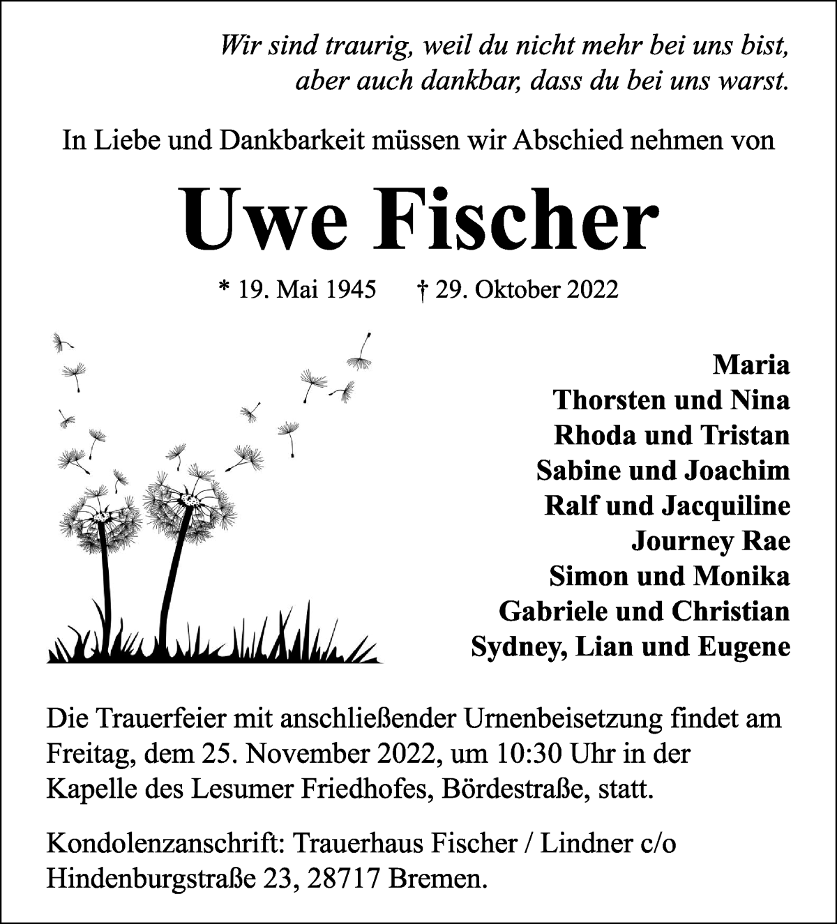 Traueranzeige von Uwe Fischer von WESER-KURIER