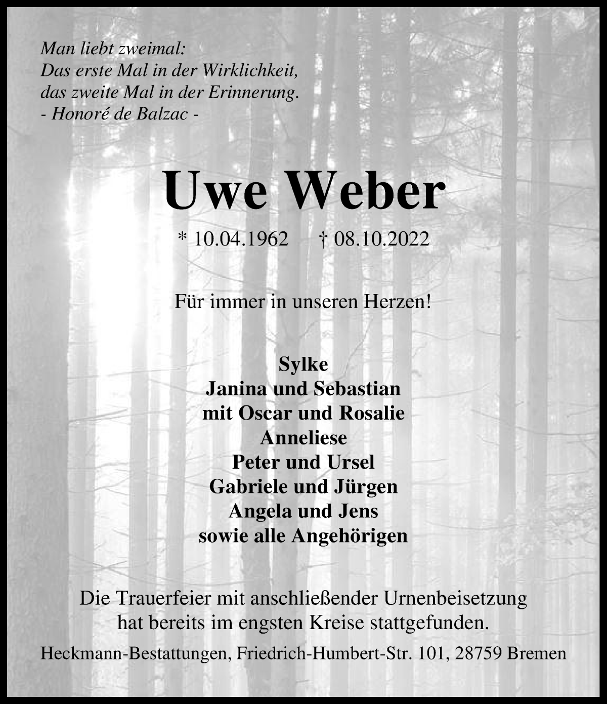 Traueranzeige von Uwe Weber von WESER-KURIER