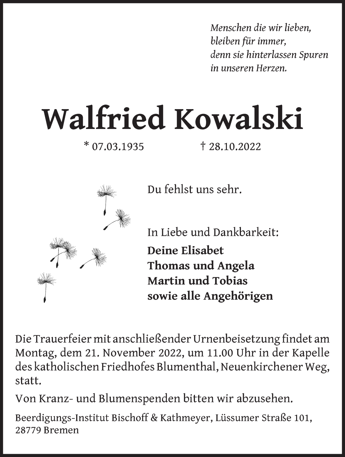 Traueranzeige von Walfried Kowalski von Die Norddeutsche