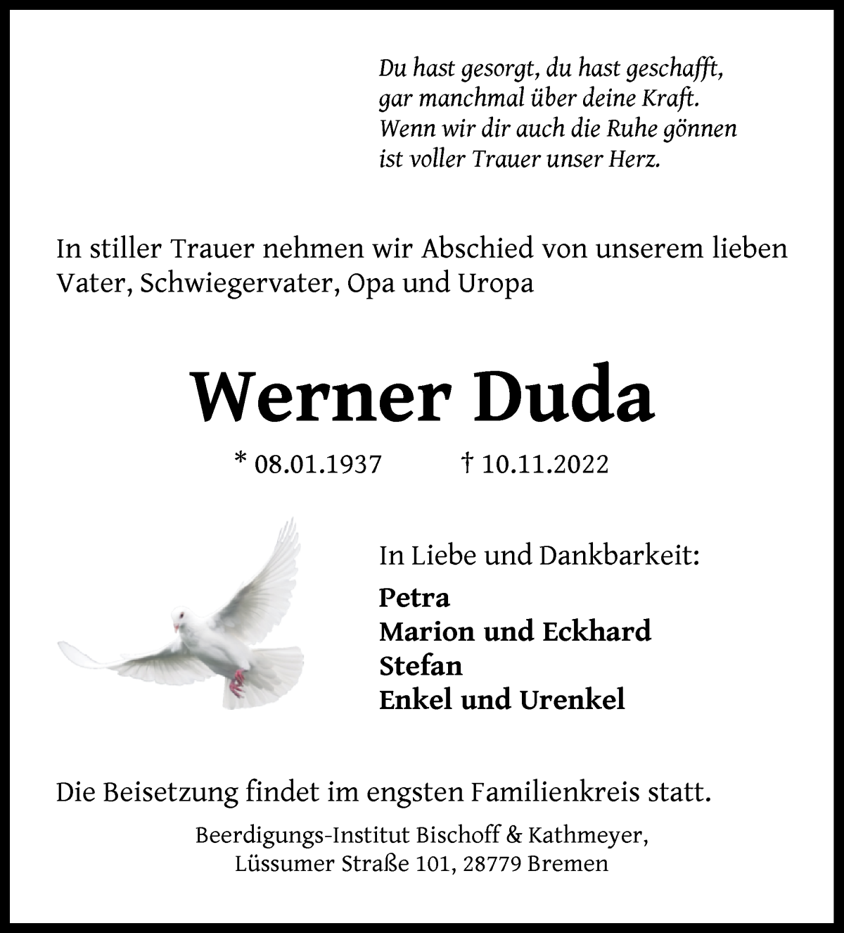Traueranzeige von Werner Duda von Die Norddeutsche