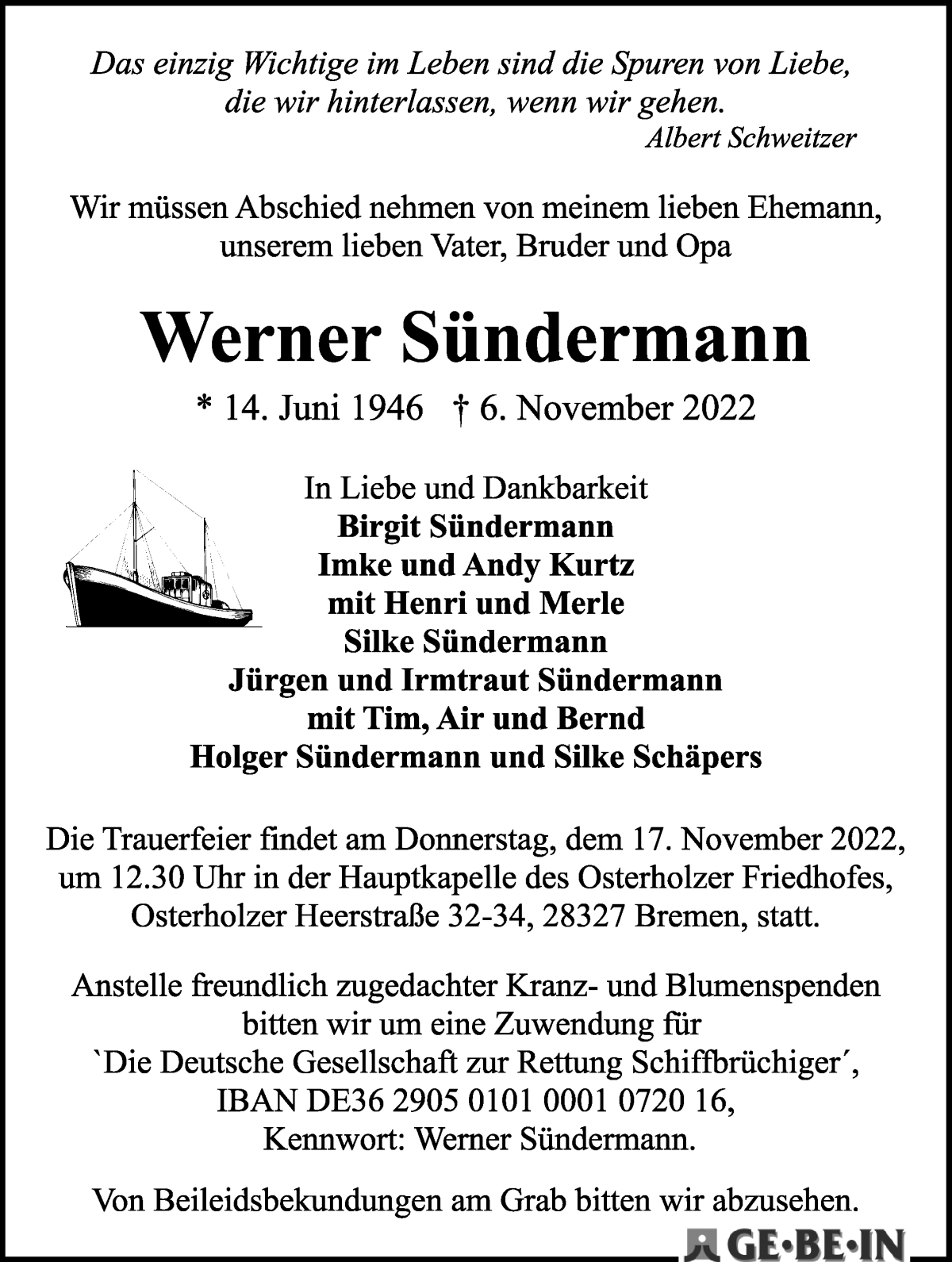 Traueranzeige von Werner Sündermann von WESER-KURIER