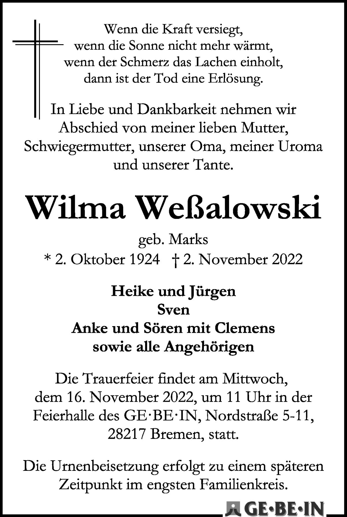 Traueranzeige von Wilma Weßalowski von WESER-KURIER