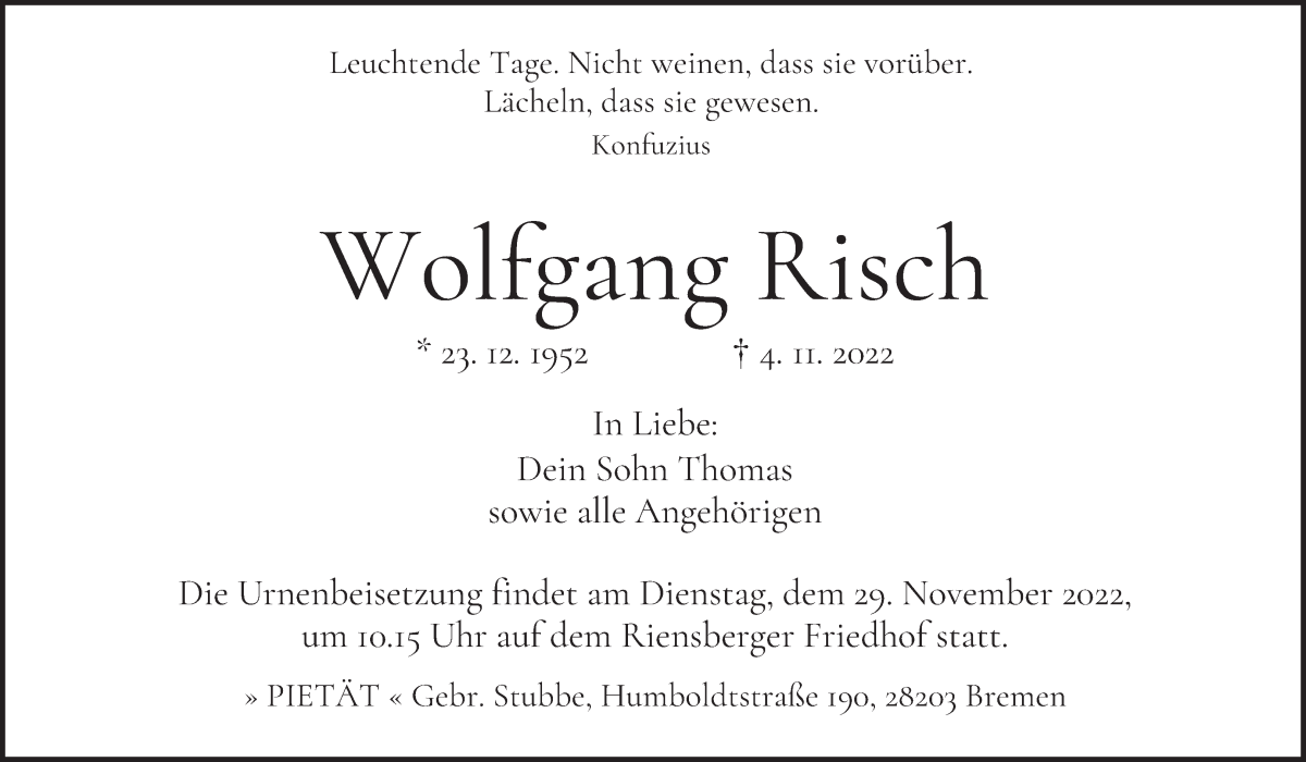 Traueranzeige von Wolfgang Risch von WESER-KURIER