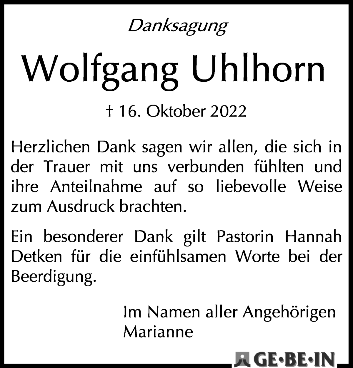 Traueranzeige von Wolfgang Uhlhorn von WESER-KURIER