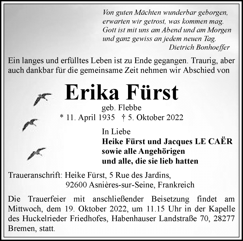 Traueranzeige von Erika Fürst von Weser Kurier Gesamtausgabe