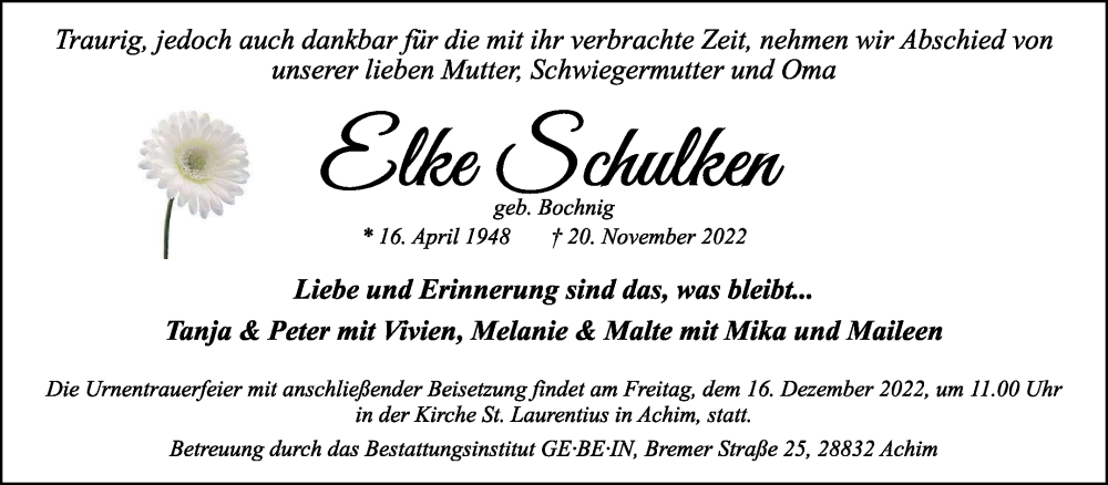 Traueranzeige von Elke Schulken von Die Norddeutsche