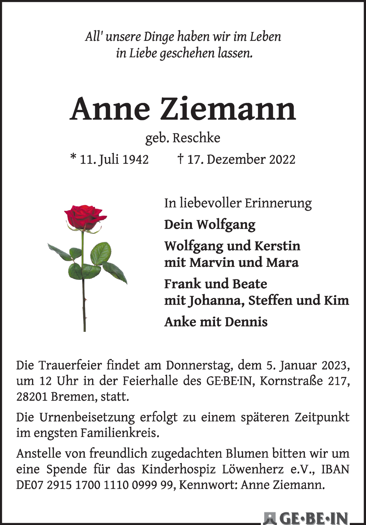 Traueranzeige von Anne Ziemann von WESER-KURIER