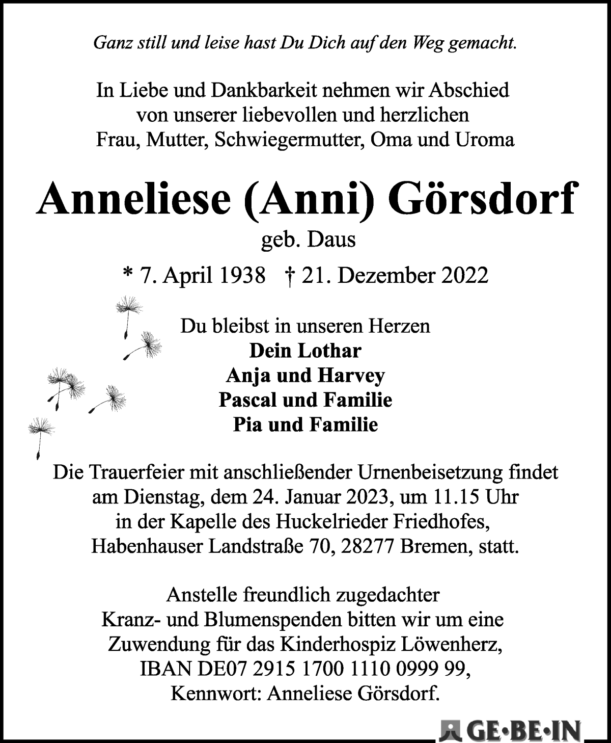 Traueranzeige von Anneliese Görsdorf von WESER-KURIER