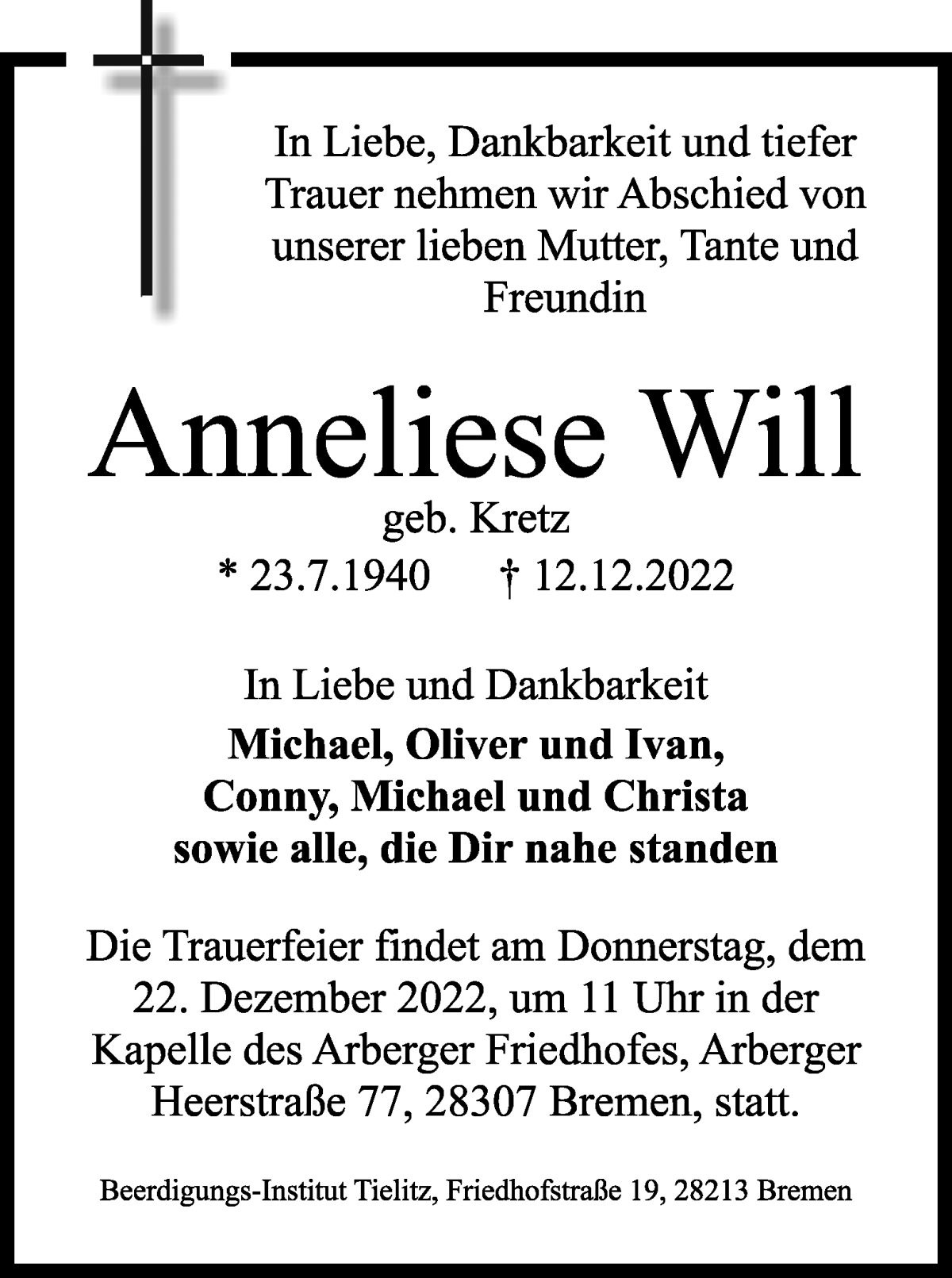 Traueranzeige von Anneliese Will von WESER-KURIER