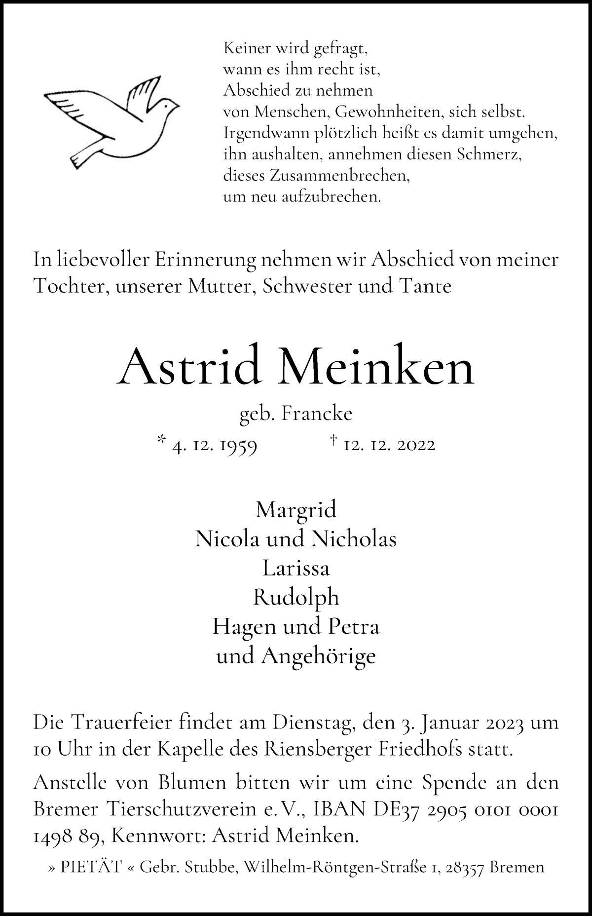 Traueranzeige von Astrid Meinken von WESER-KURIER