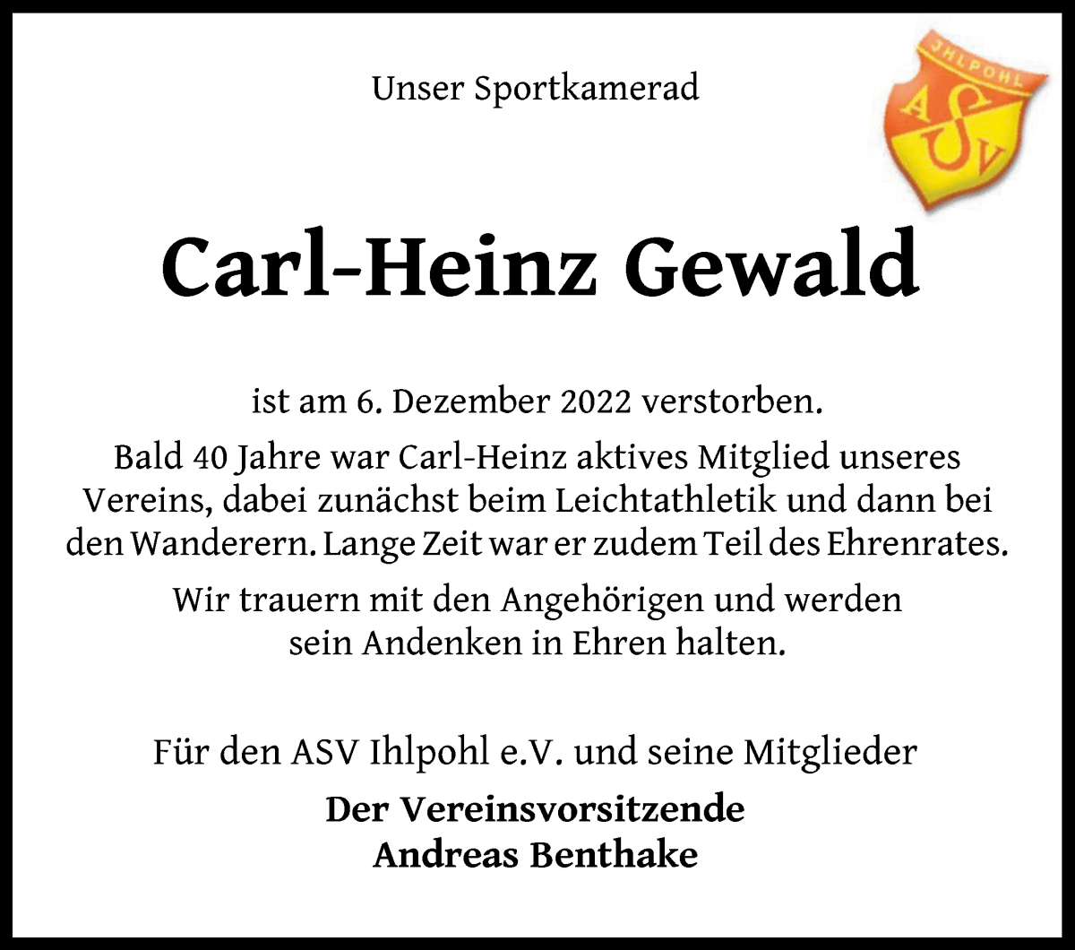 Traueranzeige von Carl-Heinz Gewald von WESER-KURIER